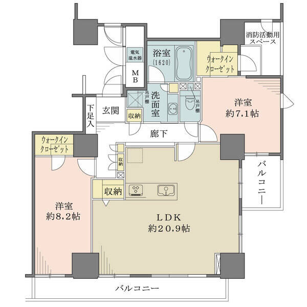 ウォークインクローゼット、LD内収納など収納豊富です。浴室は1620サイズ。2面バルコニー有り。