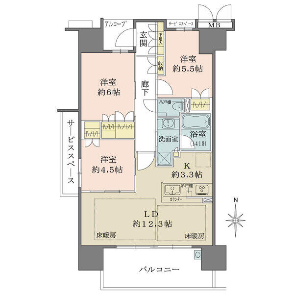 南西角住戸。南向きバルコニーが設けられ、自然光が差し込む住まい。LD部分に床暖房が搭載されています。