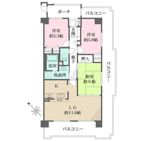 各住戸に専用ポーチやアルコーブ付き。共用廊下から玄関が見えにくく、プライバシーに配慮された設計です。