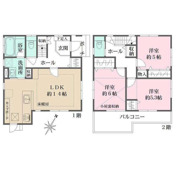 約7帖の小屋裏収納をはじめ、随所に豊富な収納有り。洗面室は2WAY動線、家事がはかどる間取りです。
