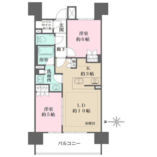 2部屋がバルコニーに面しており、採光性の良い間取りです。全居室に収納スペースが備わっています。