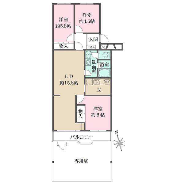 専用庭・バルコニー付き3LDK、南西向き、リフォーム実施予定