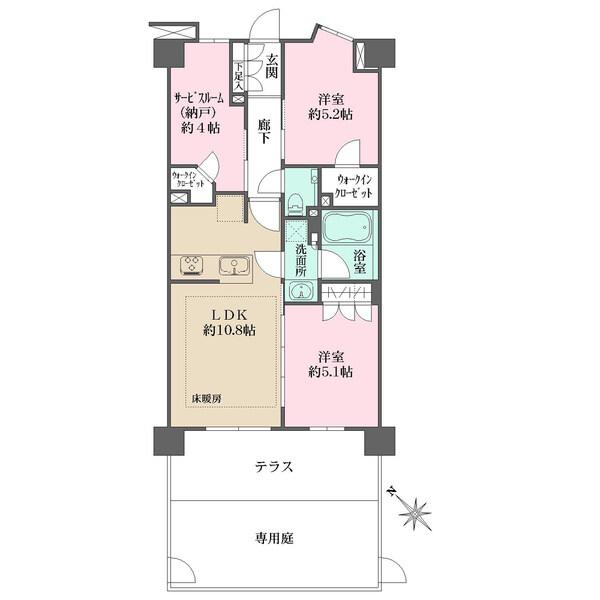 約10.8帖のLDKはカウンターキッチンを採用。各洋室にクローゼットがあり高い収納性。