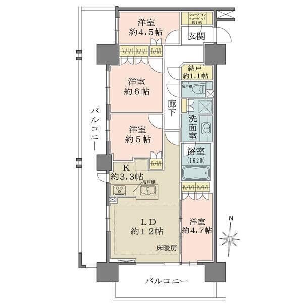 3階部分の南・西角住戸。納戸やシューズインクローゼットなど収納豊富。全居室がバルコニーに面します。