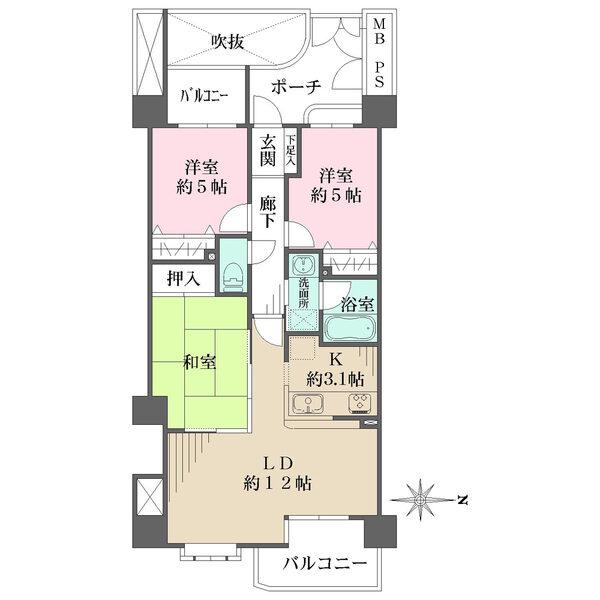 LDと和室をつなげることにより、より開放的な空間として使える３LDKファミリータイプの使い易い間取り