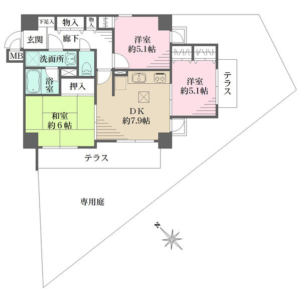 専有面積57.30m2　3DK 　南西・南東向き角部屋　専用庭面積51.68m2