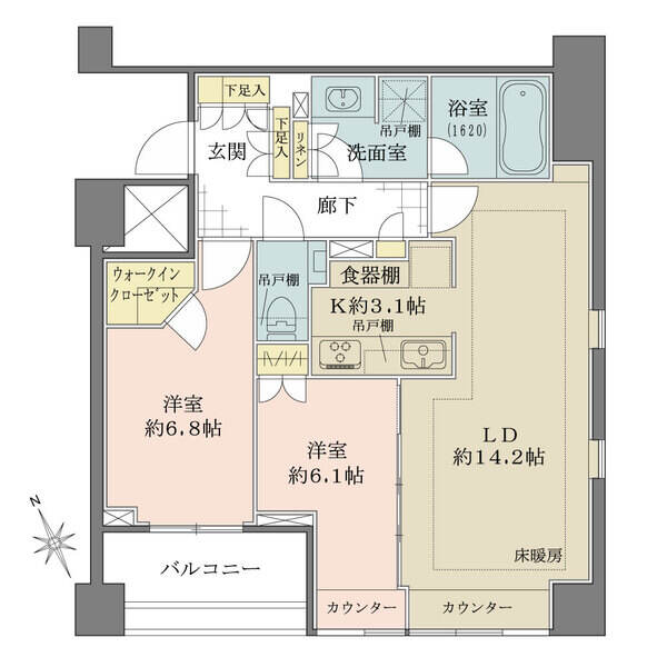 LDKは合わせて約17.3帖、2面採光で陽当り良好。ウォークインクローゼットなど室内各所に収納有り。