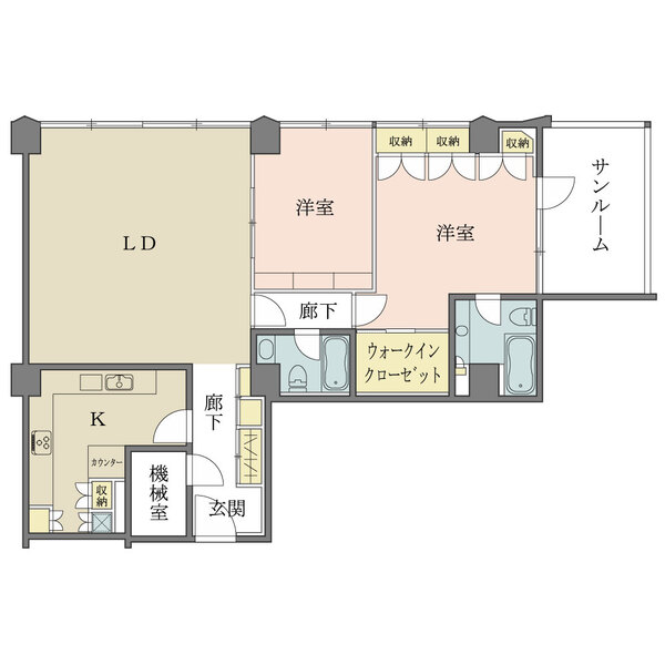 サンルームが設けられた角住戸。ウォークインクローゼットや廊下収納など、随所に豊富な収納付きです。