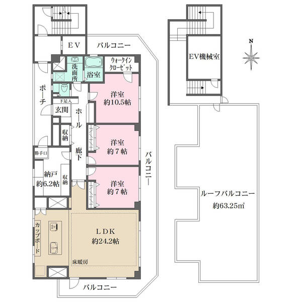 最上階、3面バルコニー＆屋上ルーフバルコニー付きのプレミア住戸。各水回りにも窓があり通風良好です。