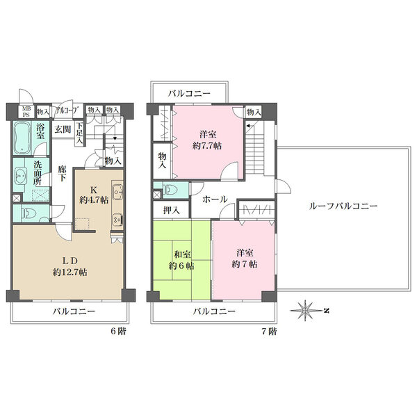 6・7階のメゾネットタイプ。全居室がバルコニーに面します。廊下物入の他、全居室収納付きで収納豊富。