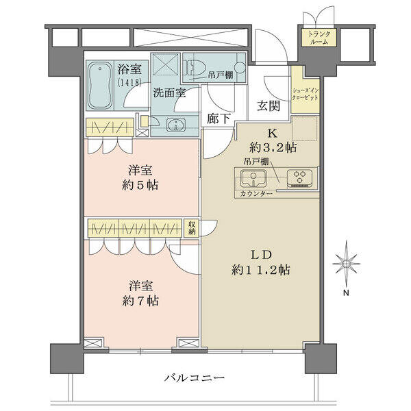 シューズインクローゼット有の2LDK。43階北向きにつき、バルコニー部分から東京スカイツリーを望む。