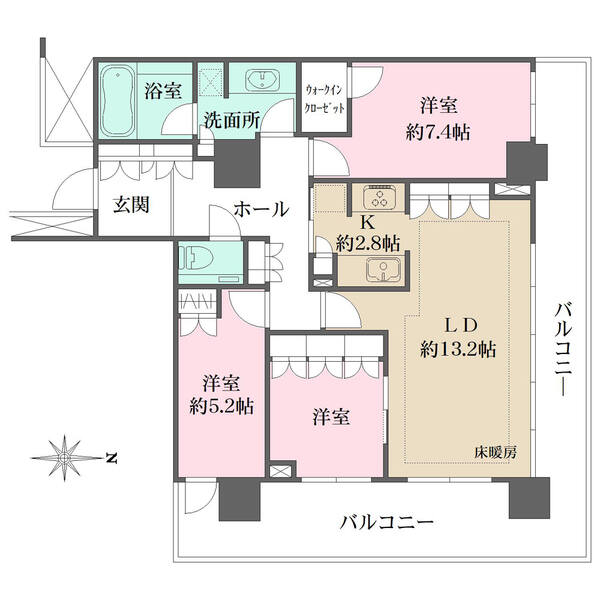 全居室がバルコニーに面し通風良好。キッチンは2WAYアクセス可能、家事動線良好。全居室収納付きです。