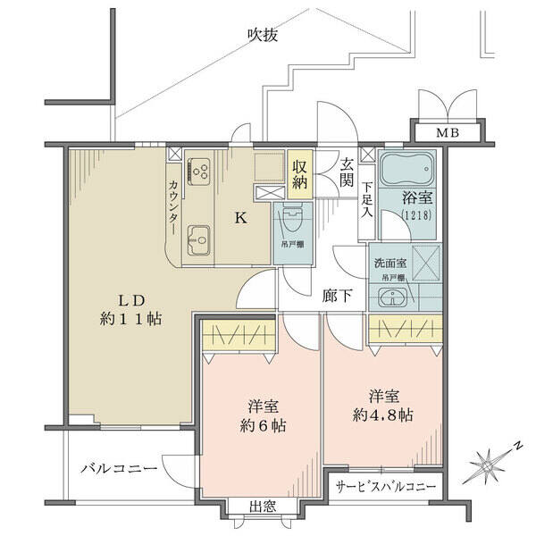 全居室がバルコニーまたはサービスバルコニーに面し、陽当り良好。北西側は共用部の吹抜けに面しています。