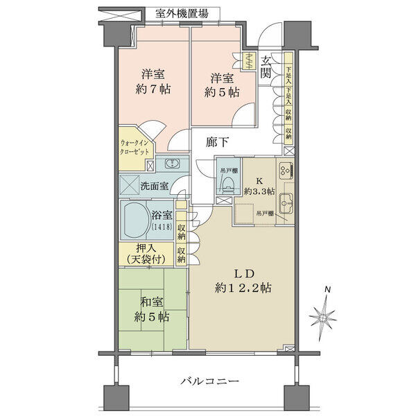 南向きにつき陽当り良好。廊下やLDの収納、ウォークインクローゼット等、収納力に優れたお部屋です。