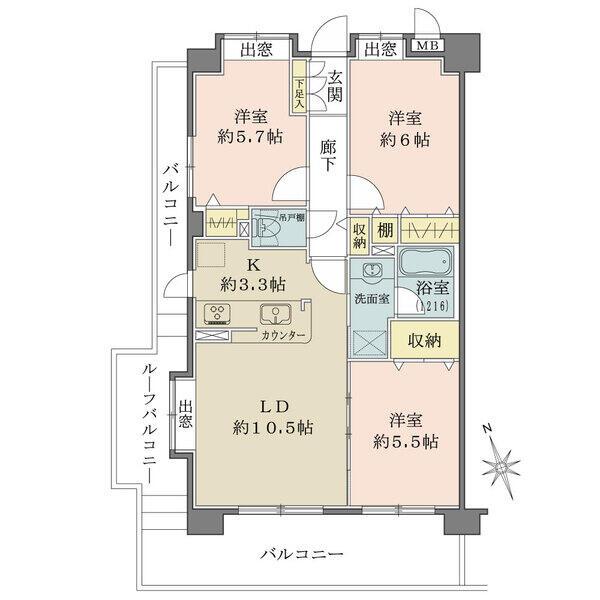 最上階7階部分。2面バルコニーが備わり、陽当り・通風・眺望良好。各洋室の収納や廊下収納など収納充実。