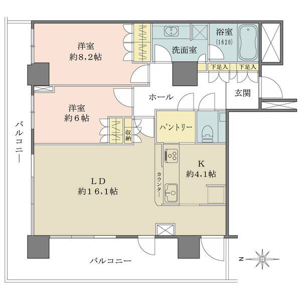 LDは約16.1帖の広々空間。キッチンは約4.1帖、横には廊下からも出入り可能なパントリー付きです。