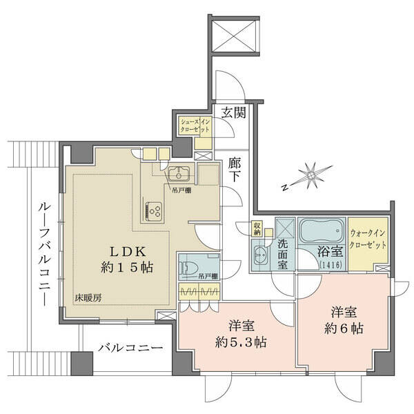 豊富な収納が備わった、5階部分の角住戸。居室が共用廊下に面していない、プライバシー性の高い設計です。
