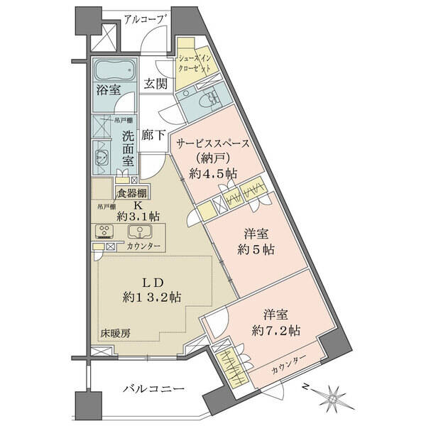 広々シューズクローゼット付き、南西向き住戸。廊下部分が少なく、住空間が広く確保されたレイアウトです。