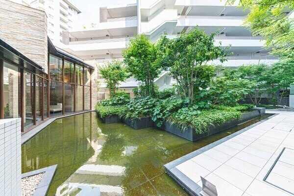 緑豊かな植栽と水景が設えられたグリーンパティオ。都心にありながら、自然を感じられる住環境です。