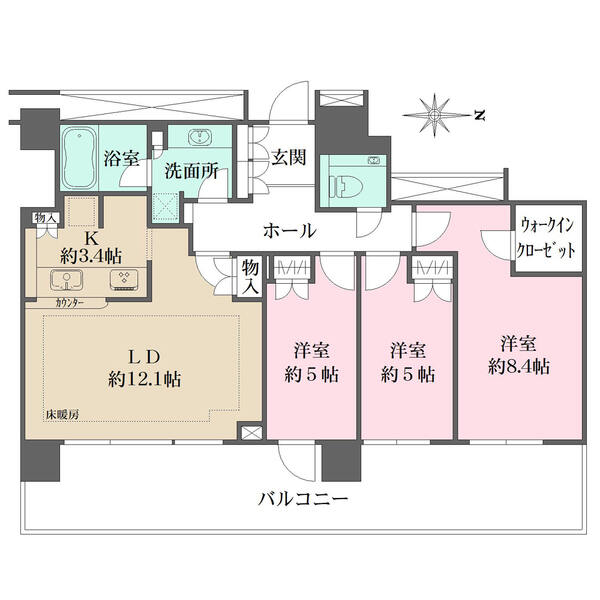 全居室がバルコニーに面し通風良好です。ウォークインクローゼットを含む全居室収納付きで収納豊富。