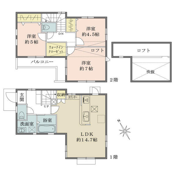 全居室に収納有。陽当りの良い南向きバルコニー付きです。トイレは、1・2階に設けられています。