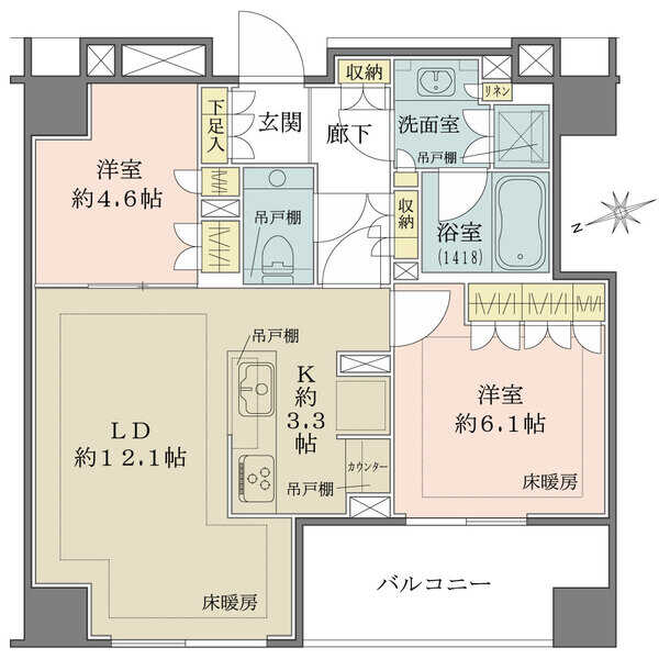 最高天井高2.6m、リビング・洋室(6.1帖)部分に床暖房有。廊下部分のデッドスペースの少ない間取り