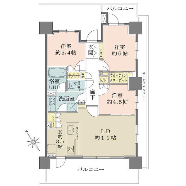 3方向に開口部があり風通しの良いお部屋です。また水回りは家事動線に配慮した間取りです。