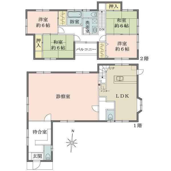 診療所付の住まいです。和室・洋室が2部屋ずつあり、6帖の広さです。トイレは各階に設けられています。
