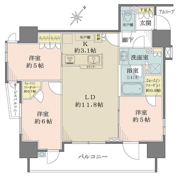 角部屋 / ウォークインクローゼット×2 / 対面式キッチン / スロップシンク付き