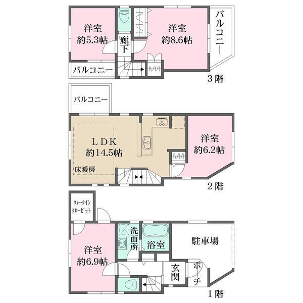陽当りやプライバシーに配慮された2階リビング設計。全居室2面採光以上につき、明るく通風良好です。