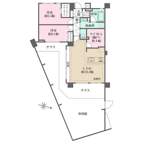 広々としたテラス・専用庭付き住戸。全居室6帖超。ウォークイン＆シューズインクローゼットなど収納充実。
