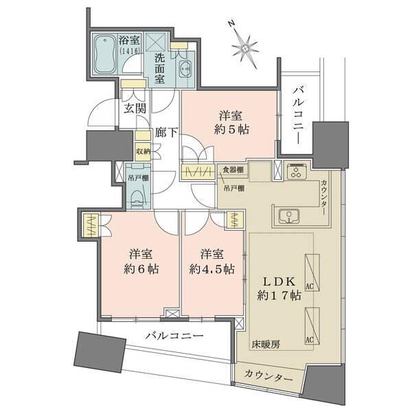 18階部分、陽当り・通風良好な、南西・南東角住戸。LDKは約17帖、キッチンは作業動線良好なU字型。