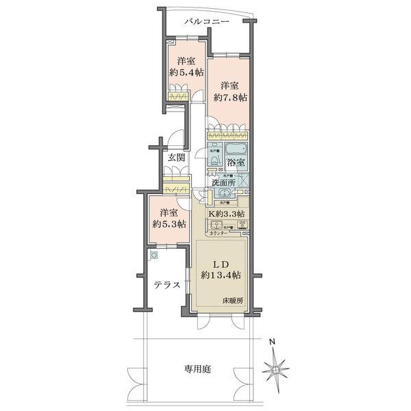 南向きのテラス＆専用庭、北向きのバルコニーが備わり、開放的な住空間。全居室に収納が備わっています。