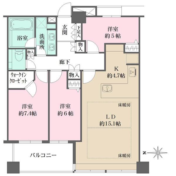 洋室2部屋が、西向きバルコニーに面しています。ウォークインクローゼットや廊下収納など、収納が充実。