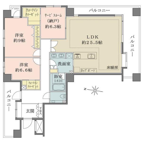 開放感のある三方角住戸。全居室6帖超の広々設計。2ヶ所のウォークインクローゼット等、収納豊富です。