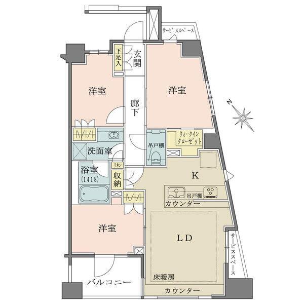 南西・東向きの角住戸。LDと隣室は一体利用可能。ウォークインクローゼット等、全居室に収納あり。