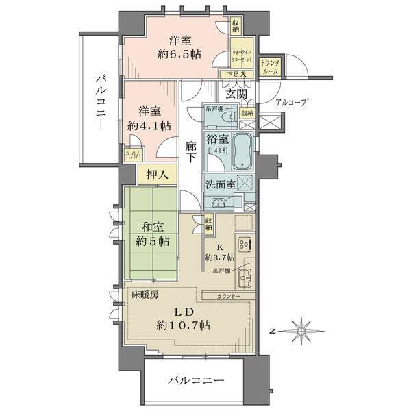 角部屋・約71m2の3LDK、2面バルコニー