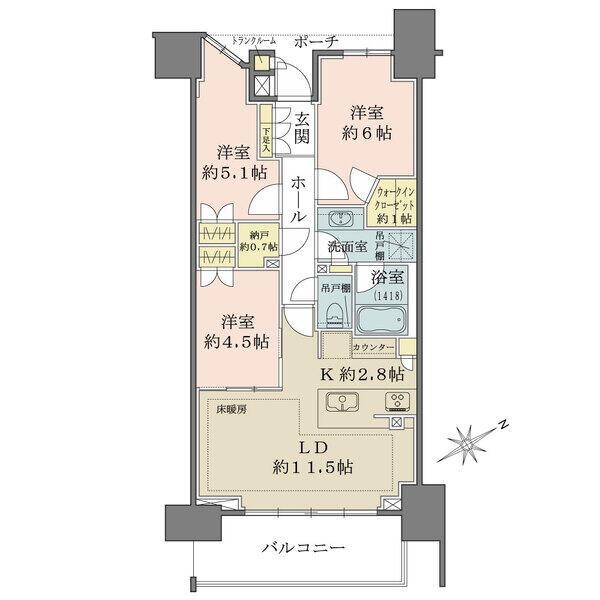 トランクルーム(約0.28m2)・ウォークインクローゼット・納戸(約0.7帖)あり／LDに床暖房あり