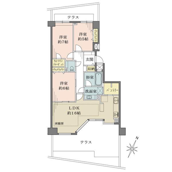 南東側を含む2面にテラスがございます。LDKと隣室は一体利用で約21帖の広さ。パントリー等収納豊富。
