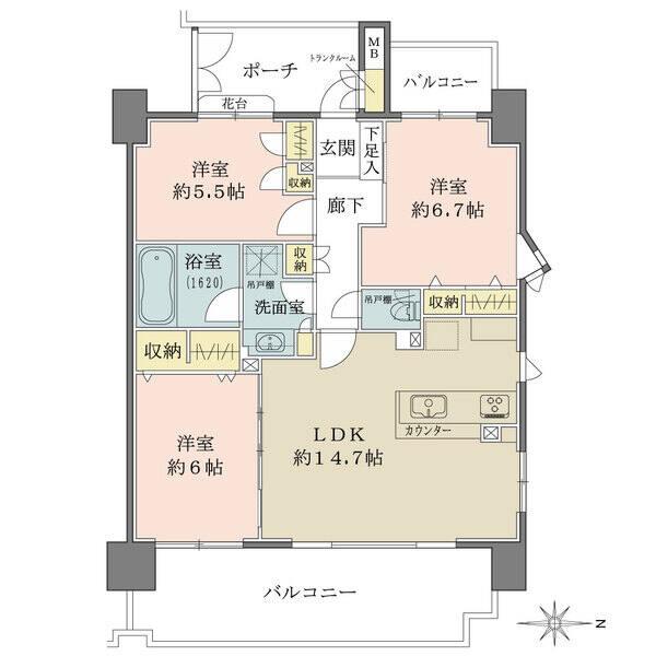 12階部分の北東角住戸。2面にバルコニーが備わり、陽当り・通風・眺望良好。豊富な収納も魅力です。