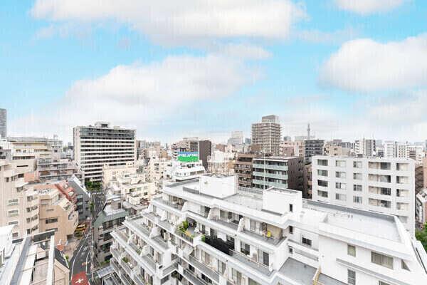 12階部分、バルコニーからの眺望です。晴れた日には、東京スカイツリーを望む贅沢な眺望を楽しめます。