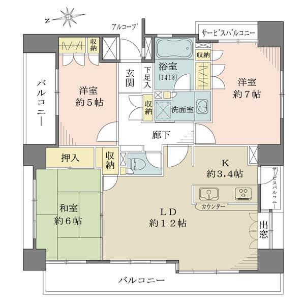 【3LDK・75.71m2】間口9m超のワイドスパンバルコニー付。通風良好の角住戸物件。