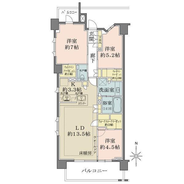 角住戸×2面バルコニー付きで陽当り・通風良好。ウォークインクローゼットが2ヶ所あるなど、収納が豊富。