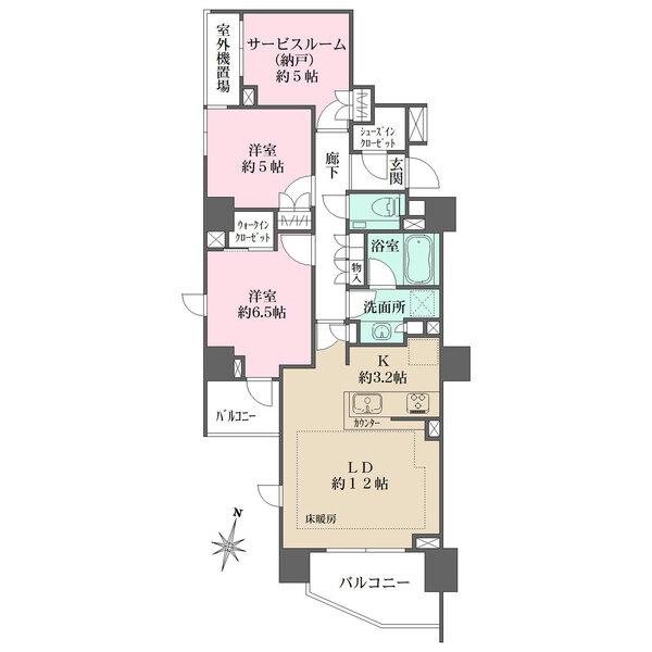 ウォークインクローゼット(洋室約6.5帖)、シューズインクローゼット付き。キッチンは対面式です。