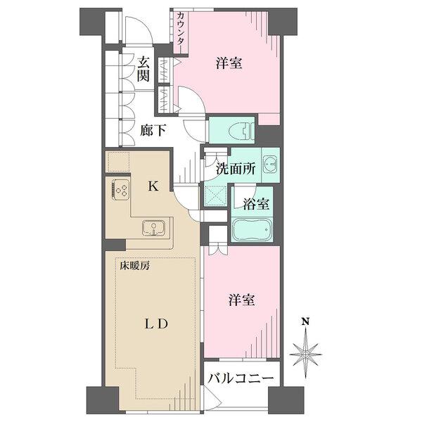 【南向き2LDK】家事動線を短縮しやすいL字型キッチン。各居室収納充実。