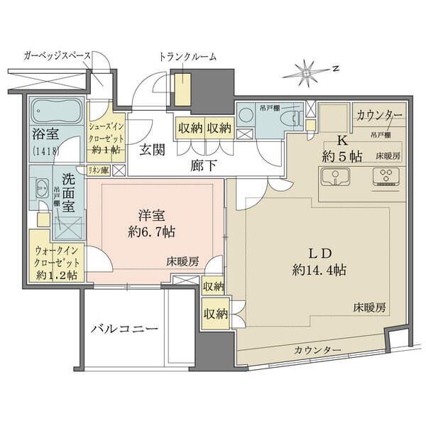 67m2超のゆとりのある1LDK住戸