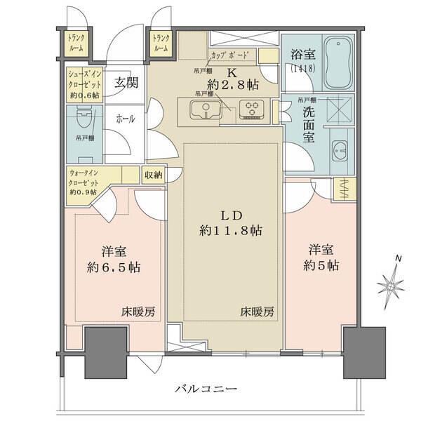 15階南向きにつき眺望、陽当たり良好／トランクルーム、ウォークインクローゼット、造り付け食器棚あり
