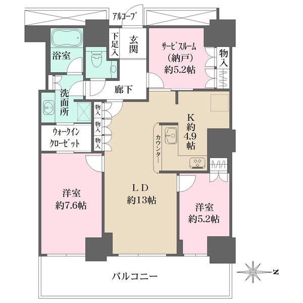 専有面積82.45m2の２LDK＋S。各居室5帖以上とゆとりがあり、収納スペースも豊富にあります。