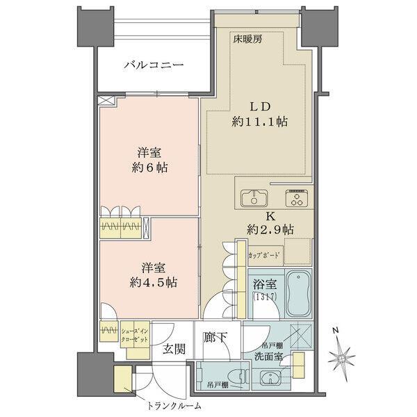 LDKは合計約14.0帖、キッチンは対面式です。全居室に収納あり。床暖房(LD)など室内設備充実。