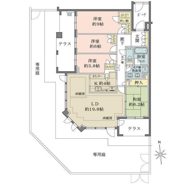 40平米超のテラス、70平米超の専用庭有り。ウォークインクローゼットなど収納豊富な間取りです。